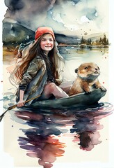 Girl in boat with pet otter on a lake watercolor and ink painting illustration outdoors, generative ai - obrazy, fototapety, plakaty