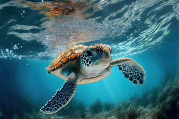 Baby turtle under the sea water. Sea turtle in wild nature. Underwater photo with tortoise. Generative AI