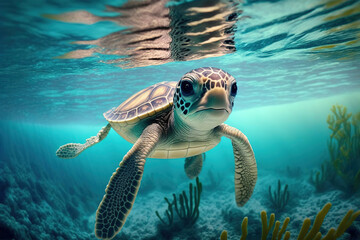 Baby turtle under the sea water. Sea turtle in wild nature. Underwater photo with tortoise. Generative AI