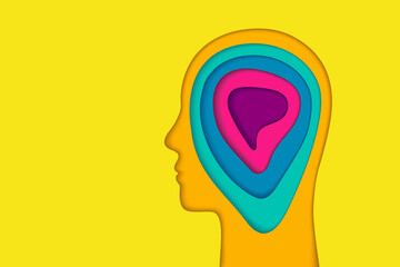 Head and paper layers concept. Profile silhouette, face outline in colorful paper cut art. Deep layers of the human mind, abstract brain and thinking illustration.