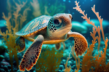 Baby turtle under the sea water. Sea turtle in wild nature. Underwater photo with tortoise. Generative AI