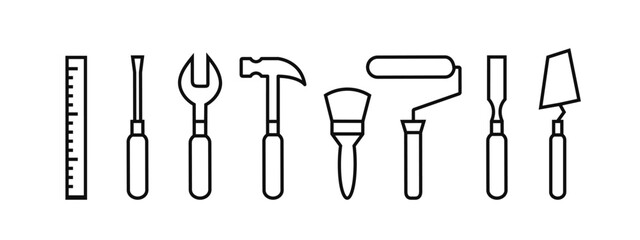Work tools, icon set. Screwdriver, hammer, wrench, paint brush, painting roller and other tools in line art, isolated on white background.