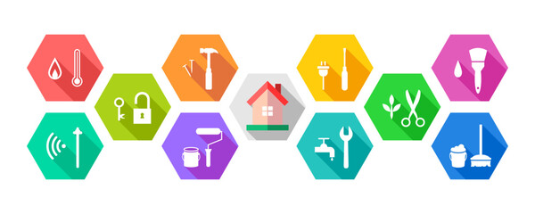 House and work tools icon set as repair, renovation, maintenance concept. Home with colorful tool icons. Facility and facilities management. Vector illustration, banner.