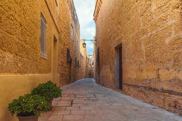 Old medieval narrow street with street lights and flower pots in Mdina town, Malta with nobody. Travel destination