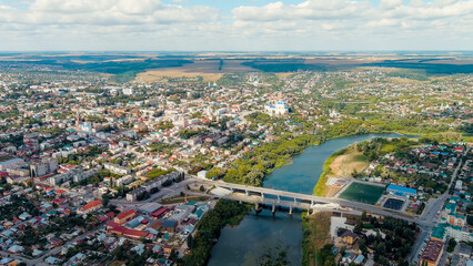 Yelets, Lipetsk region, Russia. Cathedral of the Ascension. Sosna river. Historic city center, Aerial View