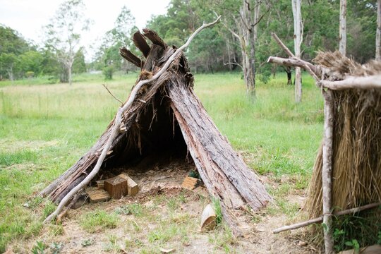 Horizontal shot of a driftwood teepee