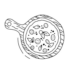 Pizza on board doodle illustration. Vector outline sketch isolated on white