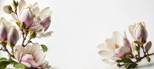  simple elegant banner of magnolia flowers on a white background, invitation card template, Generative AI