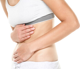 Stomach pain. Woman having abdominal pain upset stomach or menstrual cramps. Close up of young female model isolated in transparent PNG.