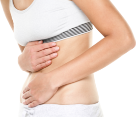 Stomach pain. Woman having abdominal pain upset stomach or menstrual cramps. Close up of young female model isolated in transparent PNG.