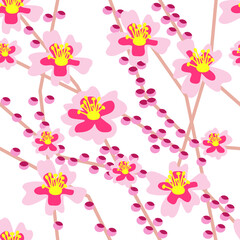 Fototapeta na wymiar Pink purple tender sakura floral seamless pattern. Exotic spring summer flowers bloom foliage bouquet. Isolated on white background. Vector design illustration.