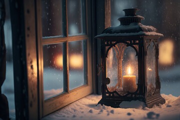 Candle in a lantern on a window sill on a winter weather . .Generative AI illustration.