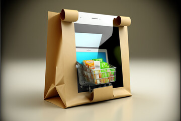 online shopping, paper bag, use tablet for buy something, Made by AI,Artificial intelligence