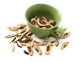 Dried bitter orange used in chinese herbal medicine isolated over white background. Zhi Ke, Fructus citri Aurantii. White background