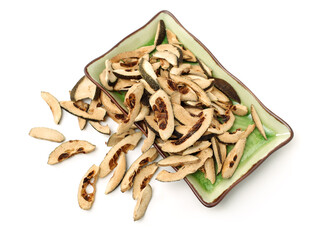 Dried bitter orange used in chinese herbal medicine isolated over white background. Zhi Ke, Fructus citri Aurantii. White background