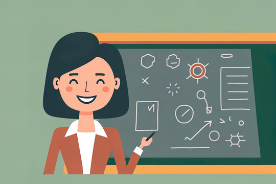 a woman teaching in the classroom. Female educator grinning while standing beside a chalkboard or blackboard in a classroom. Teacher's Day, school and learning theme. cute cartoon style flat ar