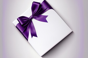 Purple ribbon and bow gift sheet on a white sheet. Generative AI