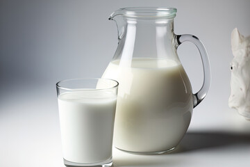 Closeup of a jug and a glass of natural whole milk on a white background. Generative AI