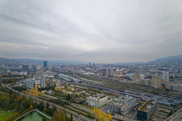 Aerial view of City of Zürich with skyline and panoramic view on a gray and cloudy late afternoon. Photo taken November 12th, 2022, Zurich, Switzerland.