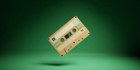 Retro audio cassette tape 3d rendering illustration. Old vintage audio casette on green background - obrazy, fototapety, plakaty