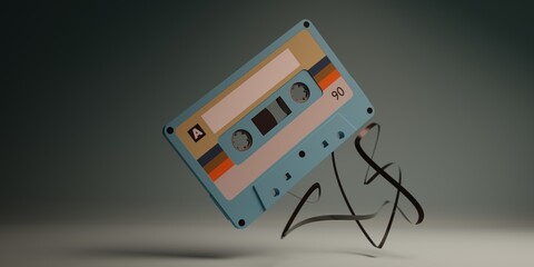 Audio cassette tape with belt 3d rendering illustration. Old vintage audio casette on grey background