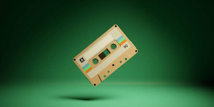 Retro audio cassette tape 3d rendering illustration. Old vintage audio casette on green background