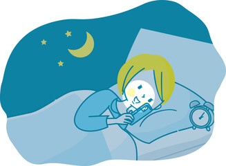 夜ベッドの中でスマホを見る女性のイラスト