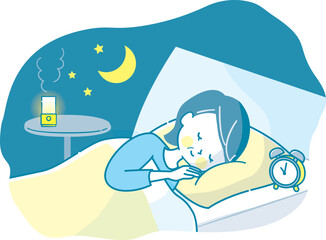 ベットでぐっすり眠る中年女性のイラスト素材