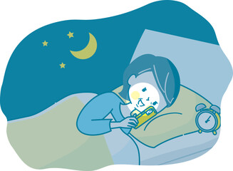 夜ベッドの中でスマホを見る中年女性のイラスト