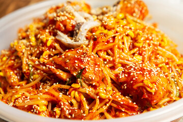 steamed monkfish smothered in spicy sauce