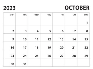 Calendar 2023 template - October 2023 vector on white background, week start on monday, Desk calendar 2023 year, Wall calendar design, corporate planner template, clean style, horizontal template - obrazy, fototapety, plakaty