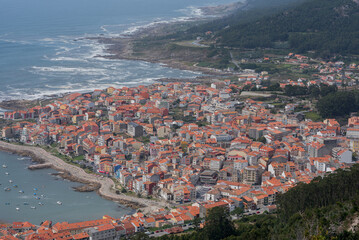 view of the city, mountains and see against blue cloudy sky, panorama, Portugal