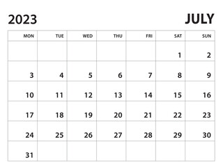 Calendar 2023 template - July 2023 vector on white background, week start on monday, Desk calendar 2023 year, Wall calendar design, corporate planner template, clean style, horizontal template