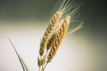 a wheat branch in close up focus against a light background. Generative AI