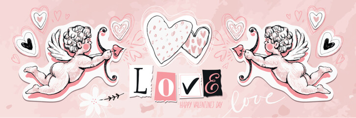 Modern banner for wedding, date night, valentines day romantic banner. Two cupids, the word love and two hearts on a pink background. Vector illustration for a dating site.