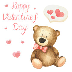 Watercolor teddy bear with red heart. Card for Valentine's day. Watercolor postcard for Valentine's day. Happy Valentine's day