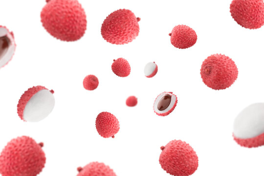 Falling lychee isolated on white background, selective focus
