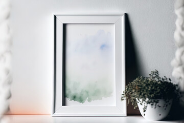 Interior of white picture frame with an ombre watercolor painting. Generative AI