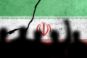 Flags of Iran painted on the concrete wall with protesting people