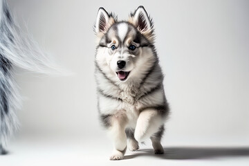 Crazy content. Posing is the husky companion dog. White studio background with a charming, lively, white and gray puppy or pet playing. motion, activity, movement, and love of animals seems thrilled