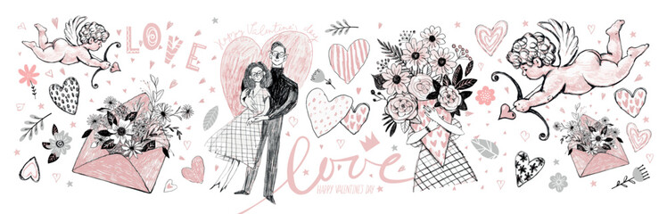 Modern banner for wedding, dating site, romantic banner for valentine's day. Couple in love, girl with flowers, cupid, love letter. Vector illustration for a dating site.