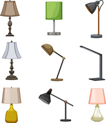 lamp table set cartoon. light interior, home modern, furniture electric, room decoration, office lamp table vector illustration