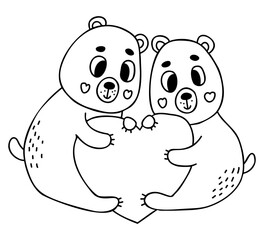 Pair of love teddy bears with big heart. Vector illustration in doodle style. Outline drawing for design, decor, Valentines cards, print.
