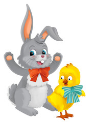 playful easter rabbit and chicken having fun isolated illustration