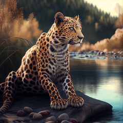 Fototapeta na wymiar Leopard at river, created with Generative AI technology.