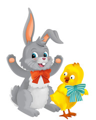 playful easter rabbit and chicken having fun isolated illustration