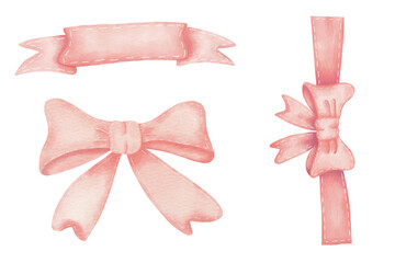 Set of ribbons icons, hand drawn watercolor illustration isolated on white background.