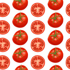 Vector tomato seamless pattern. Isolated tomatoes and sliced pieces. Ripe red fresh organic tomatoes illustration. Ecological vegetarian food background. Farm market product.