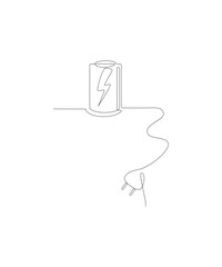 One connected line drawing.
illustration of charging the battery with plugs.
symbol in simple terms.
Vector doodle.