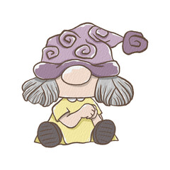 Sweet Colorful Gnome Two Bun Girl sitting. Wearing a purple hat and yellow dress. Digital paint watercolor style with paper texture. Decoration for any design. Illustration.